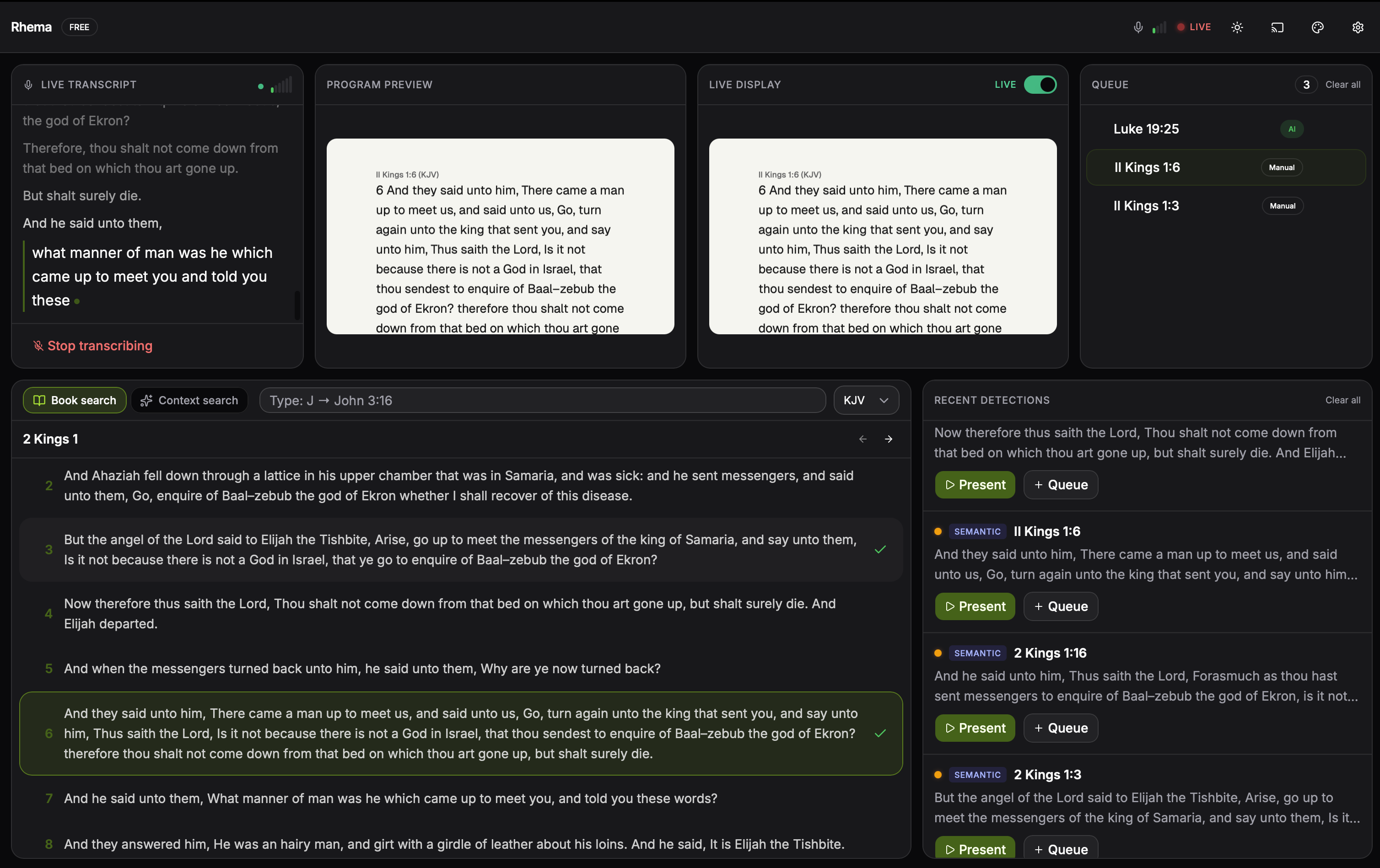Rhema desktop app — live transcript on the left, detections in the centre, queue and live preview on the right