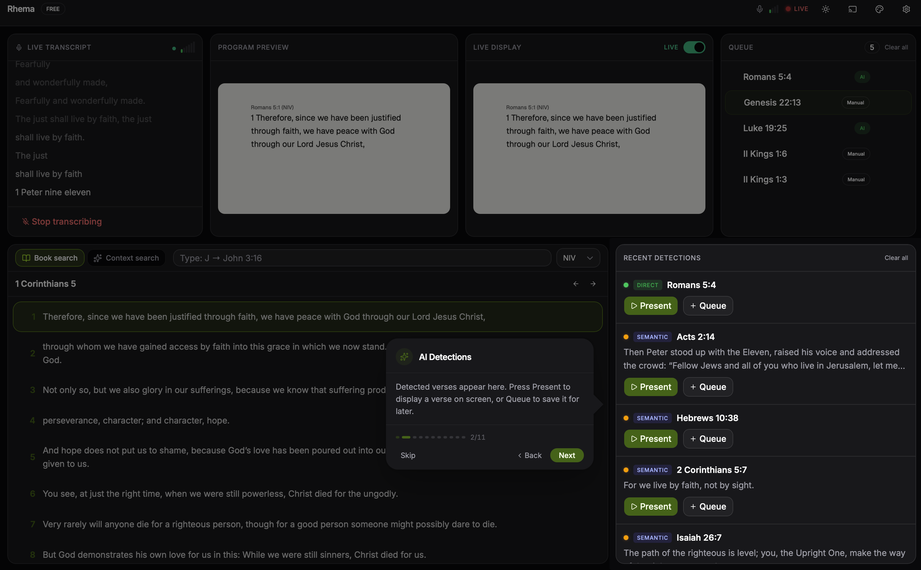 Detections panel showing recently detected verses with their strategy origin and confidence scores