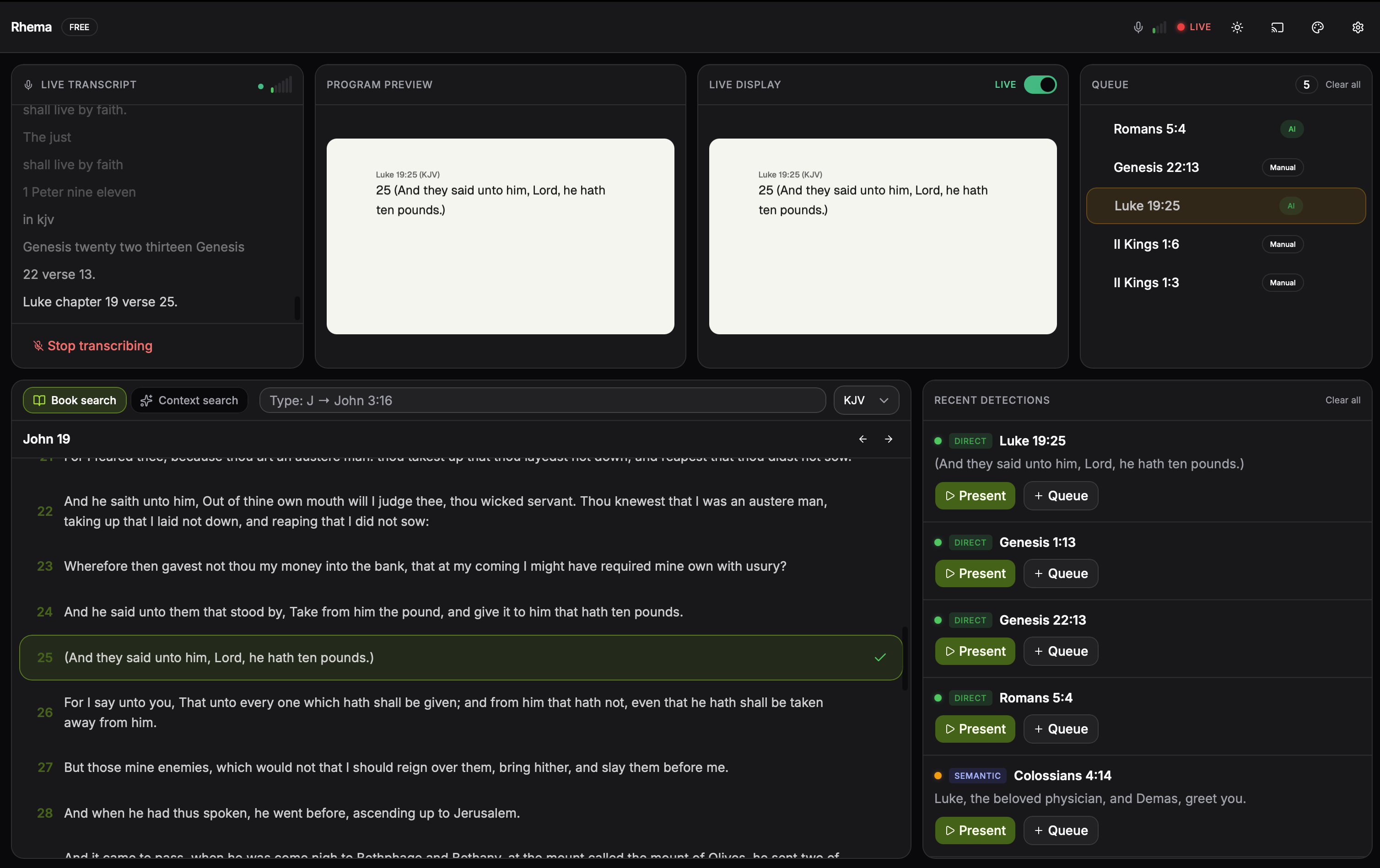 Verse queue with several entries, the next-up item highlighted, and a duplicate flash on a recently re-detected verse