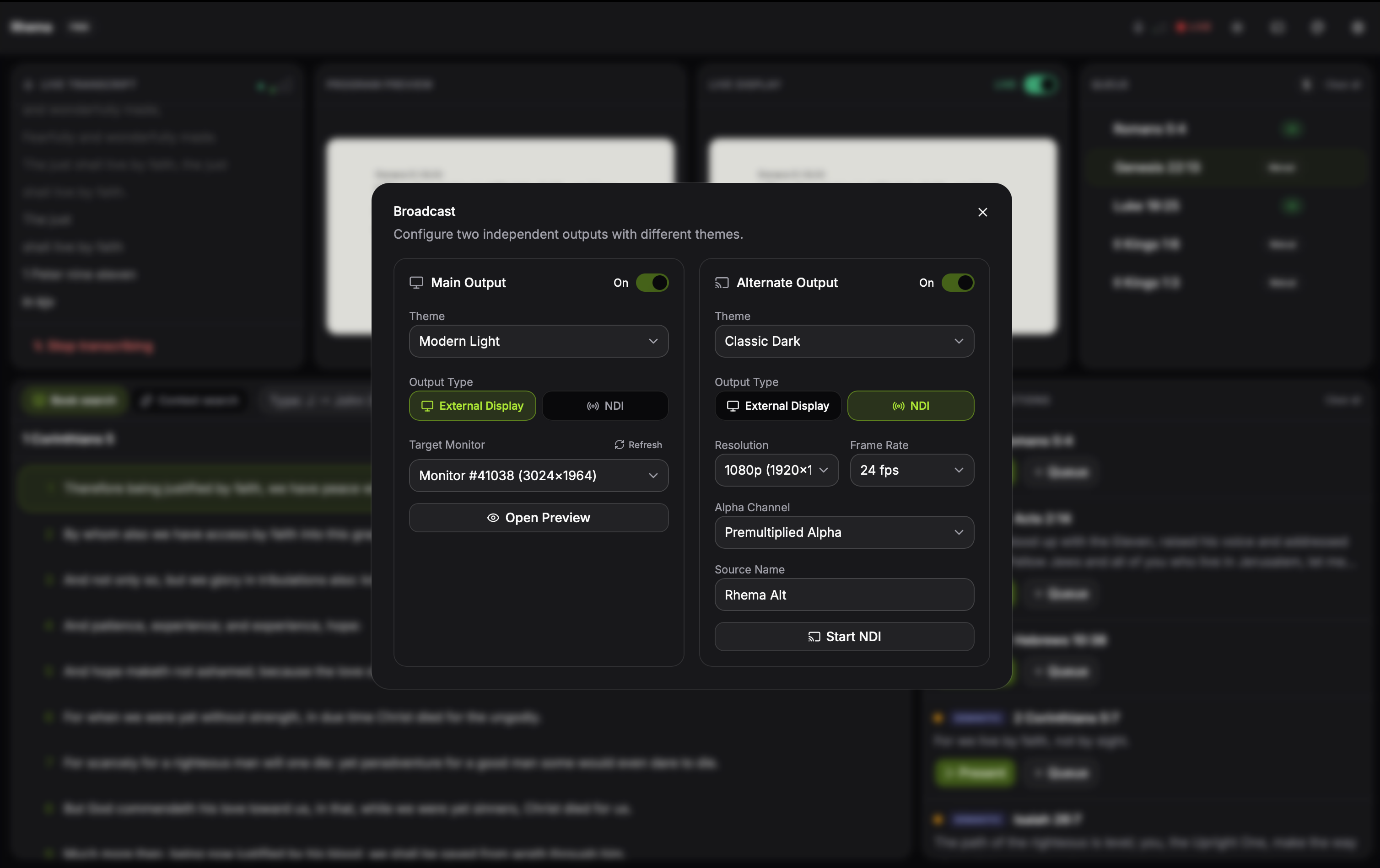 Broadcast settings panel with controls for resolution, frame rate, and alpha mode
