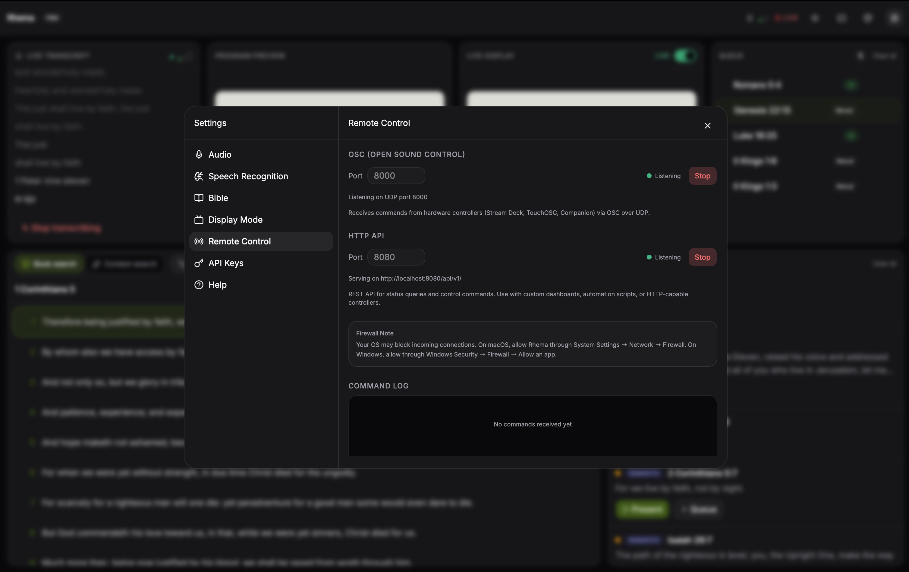Settings → Remote tab with bind-host fields highlighted, port-bind error states, and the live command log