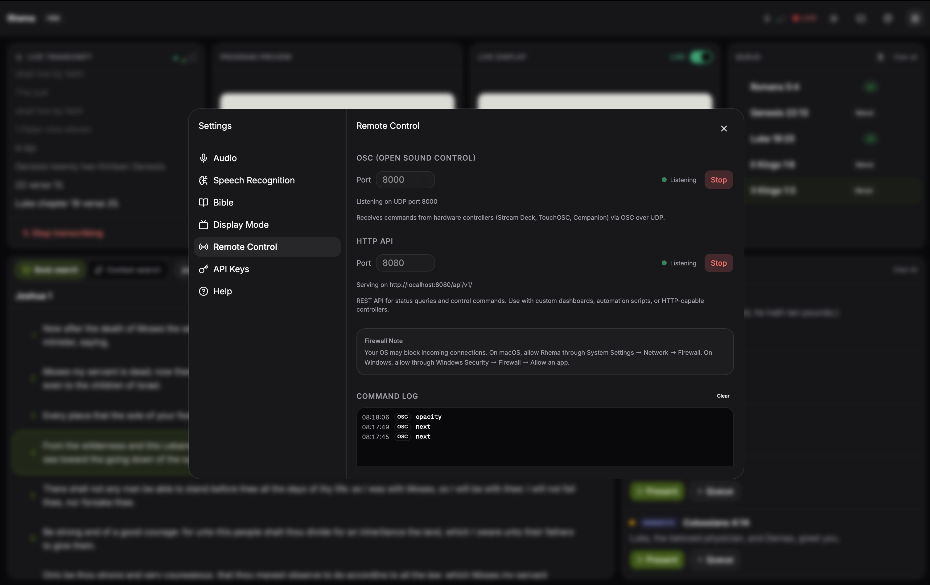 Settings → Remote tab with OSC and HTTP toggles, port inputs, and a live command log