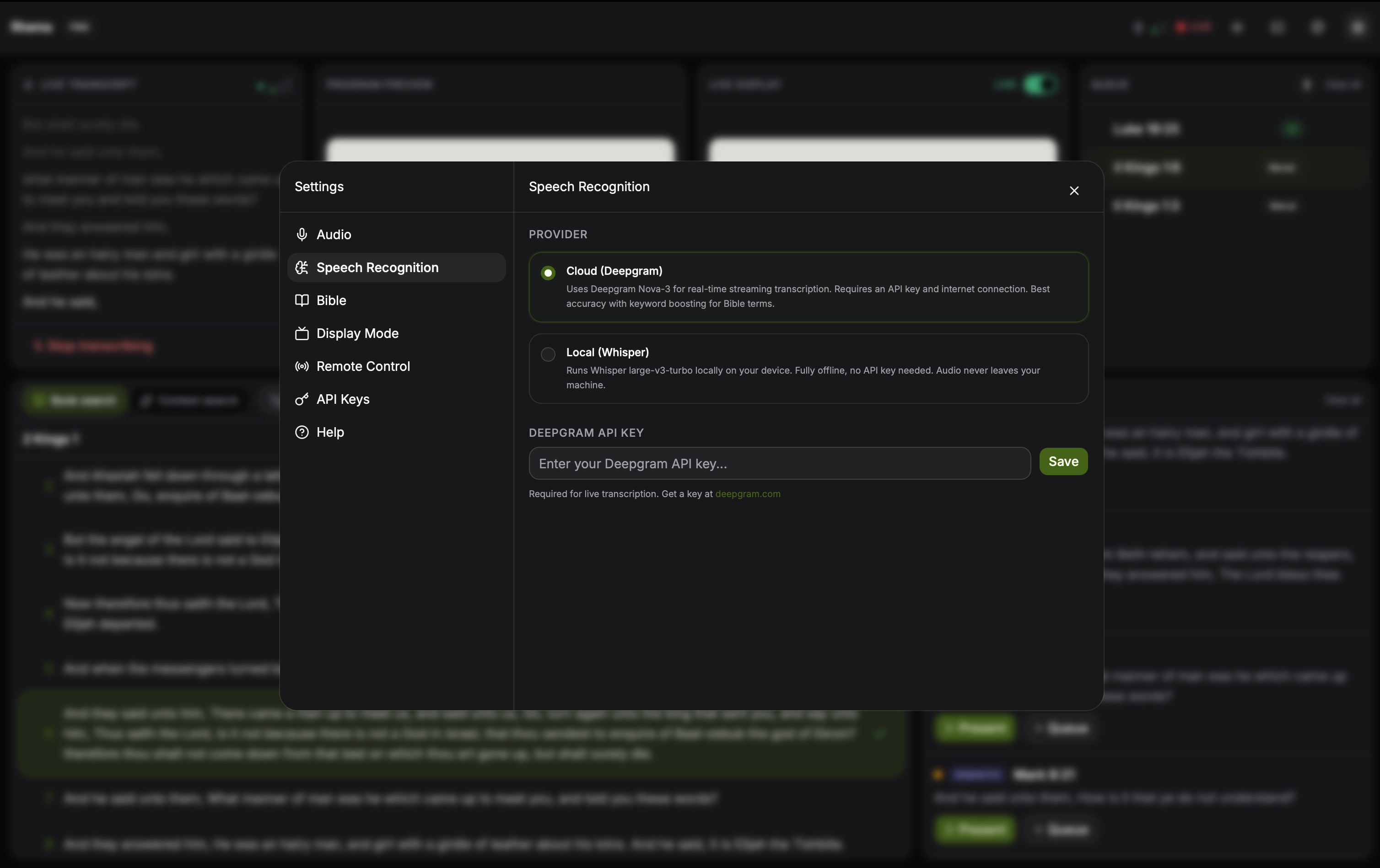 Settings dialog with the STT engine picker showing Whisper and Deepgram options
