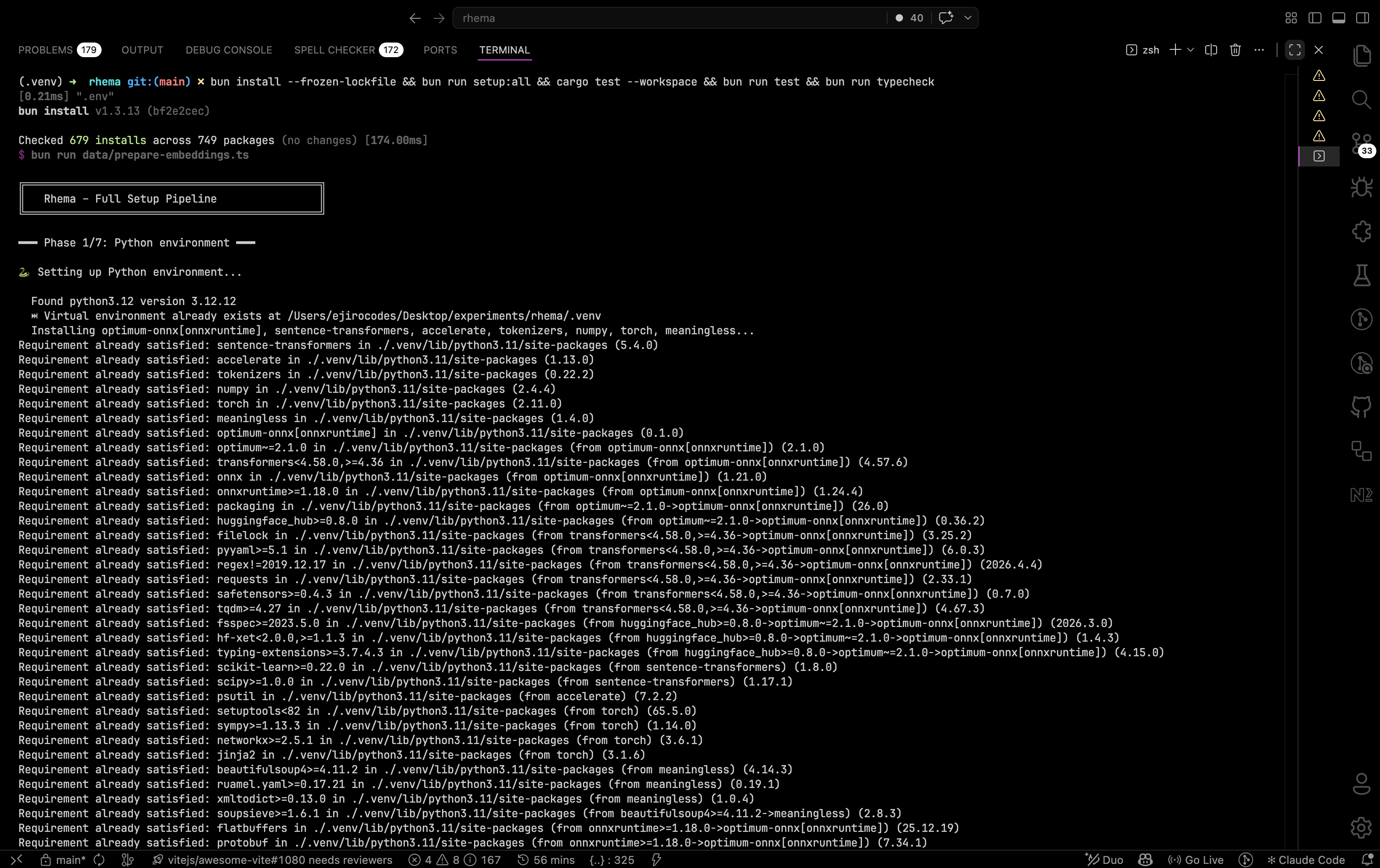 Terminal output of a CI job running setup:all, cargo test, and bun run test in sequence with green checkmarks