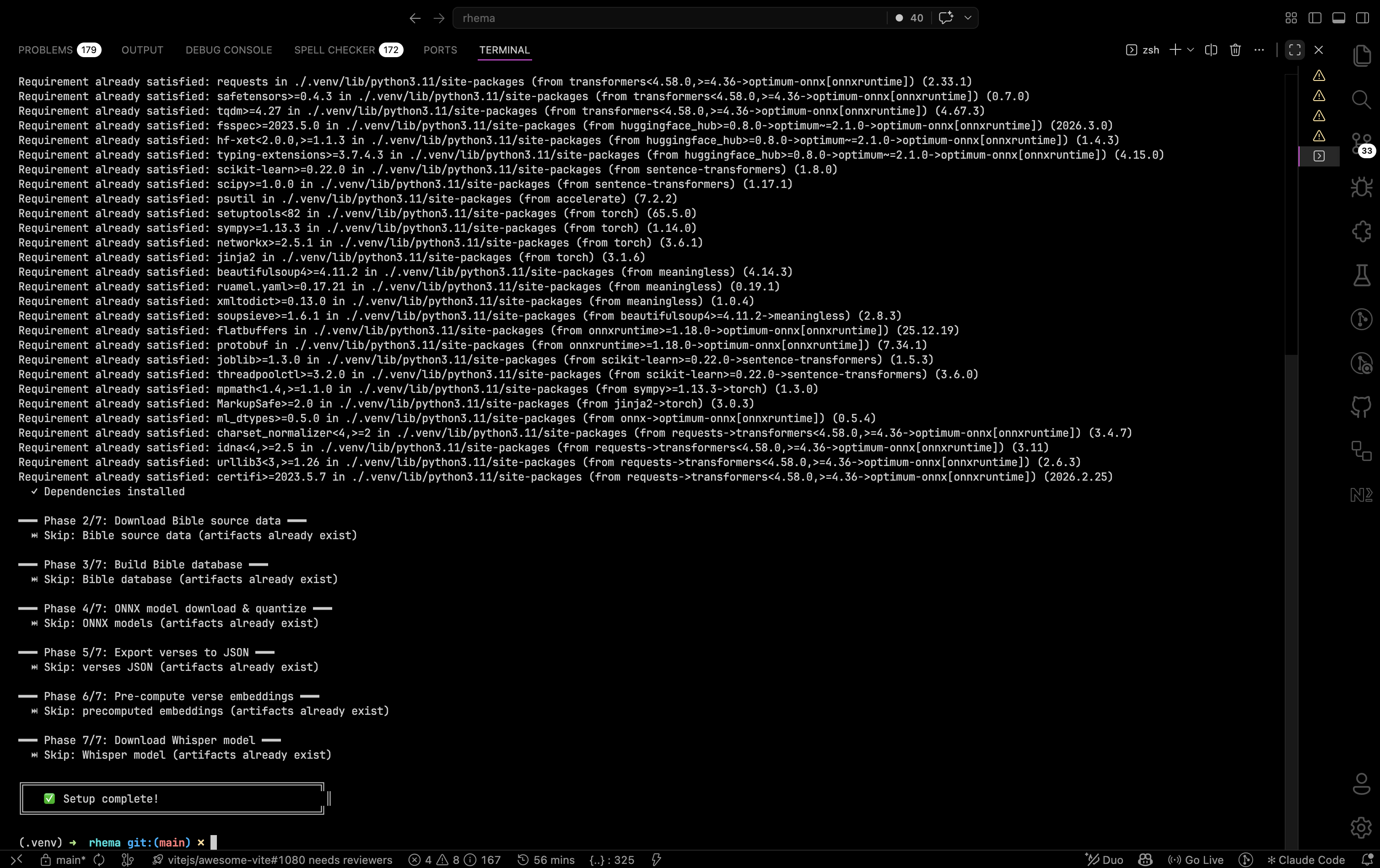Terminal showing setup:all running through its seven phases
