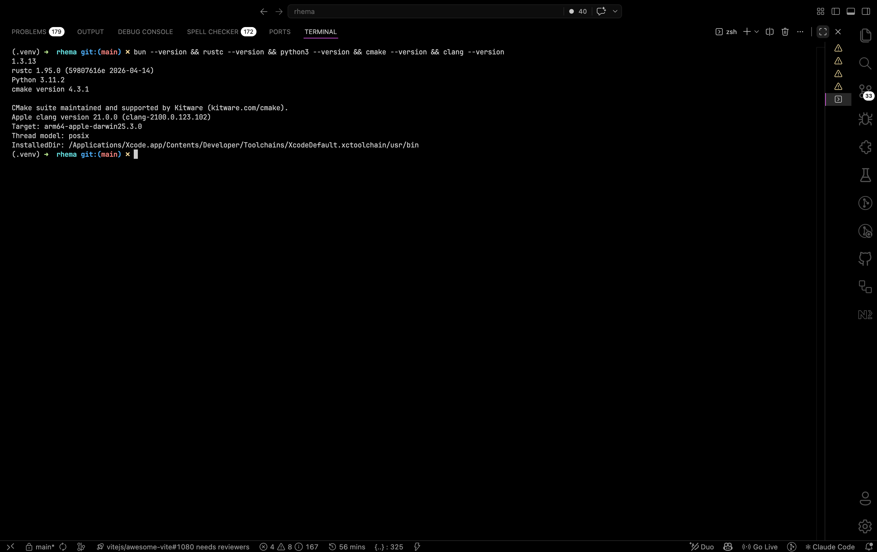 Terminal output of bun, rustc, python3, cmake, and clang version checks all returning their installed versions