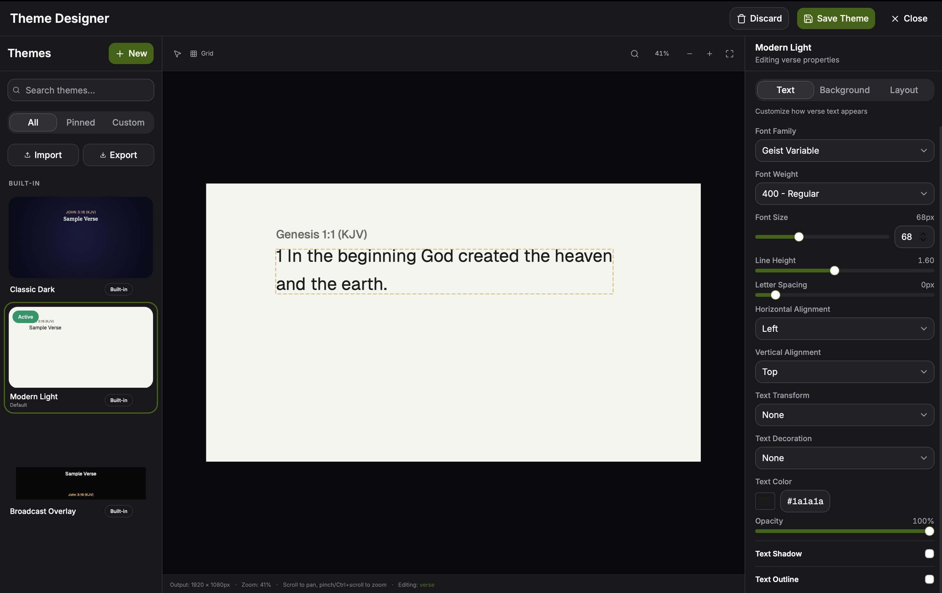 Theme designer canvas with a sample verse overlay, sidebar controls for typography and backgrounds