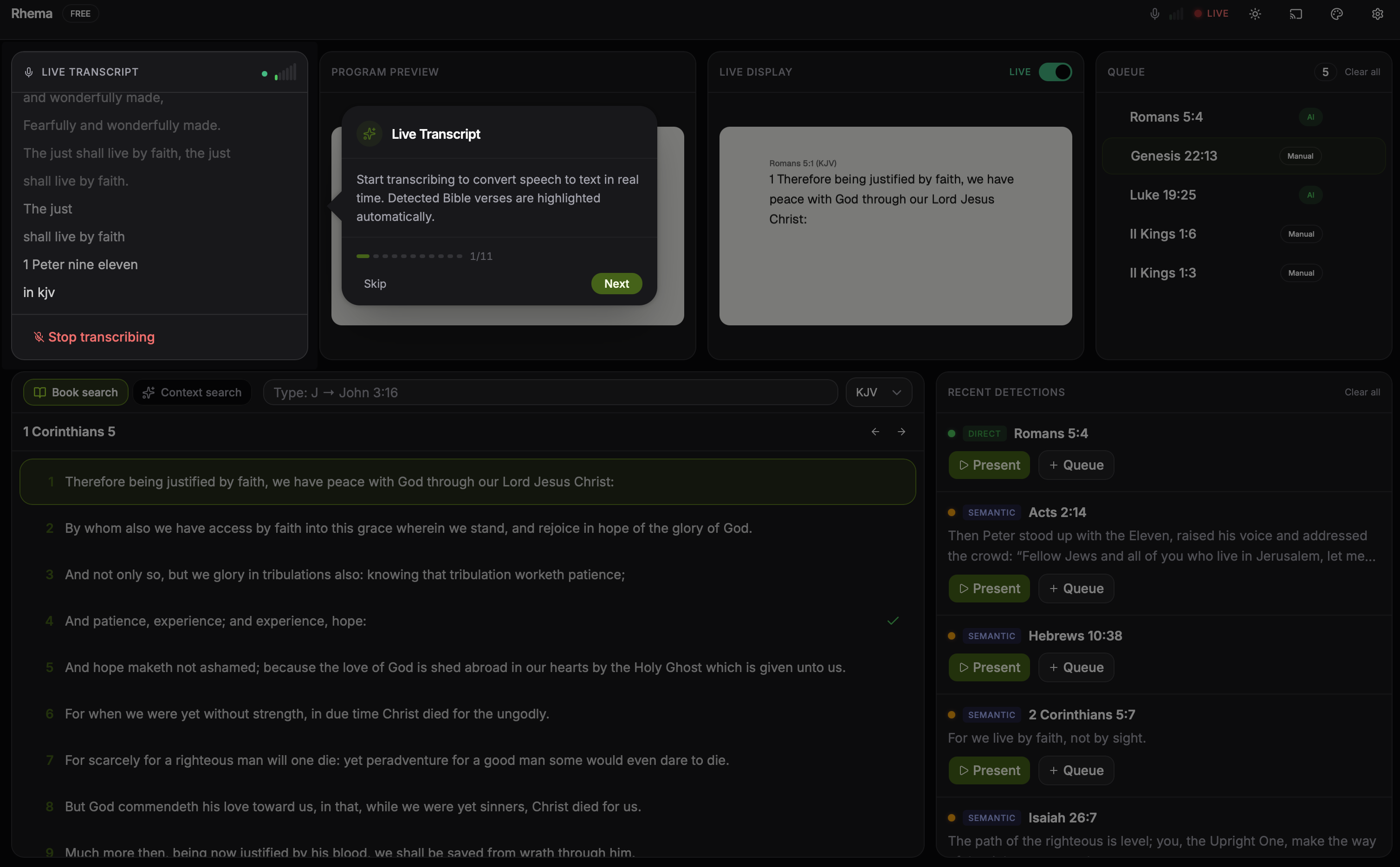 Transcript panel with a recognized voice command highlighted and the active translation badge updated to NIV