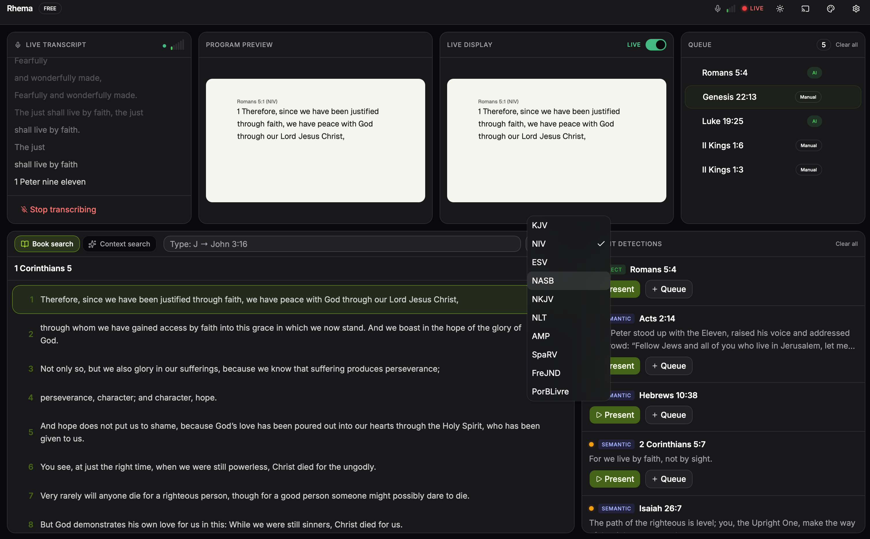 Translation picker in the transport bar with all ten translations listed